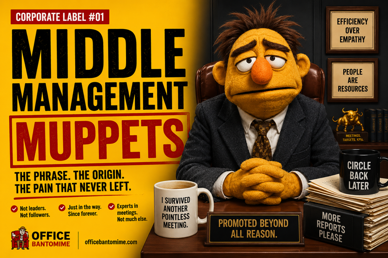 Satirical Office Bantomime poster showing a puppet-like middle manager surrounded by corporate jargon, meetings, reports, and office bureaucracy imagery.