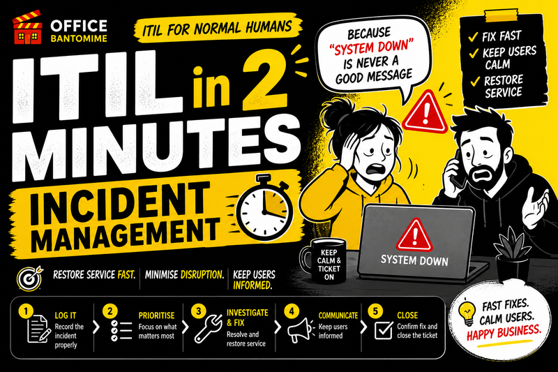 ITIL Incident Management explained with visual cheat sheet showing incident logging, prioritisation and resolution to restore services quickly and reduce downtime