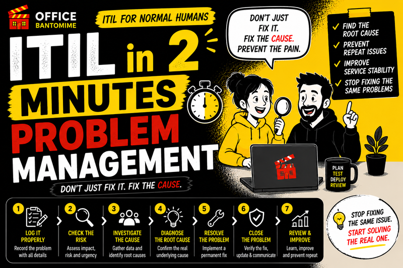 ITIL Problem Management in 2 minutes infographic showing how to identify root causes, prevent recurring incidents and improve IT service stability