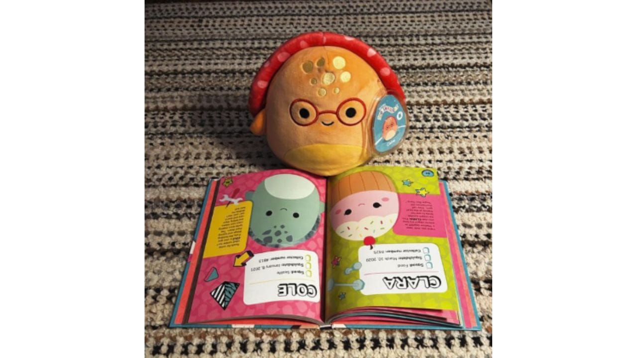 Squishmallow reading a Squish Guide