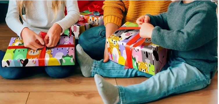 Gifts wrapped in Squishmallow Paper