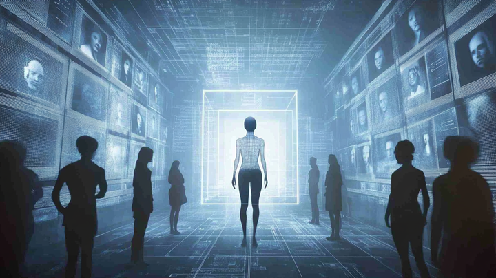 An AI persona surrounded by human researchers in a futuristic lab with dozens of AI persona profiles