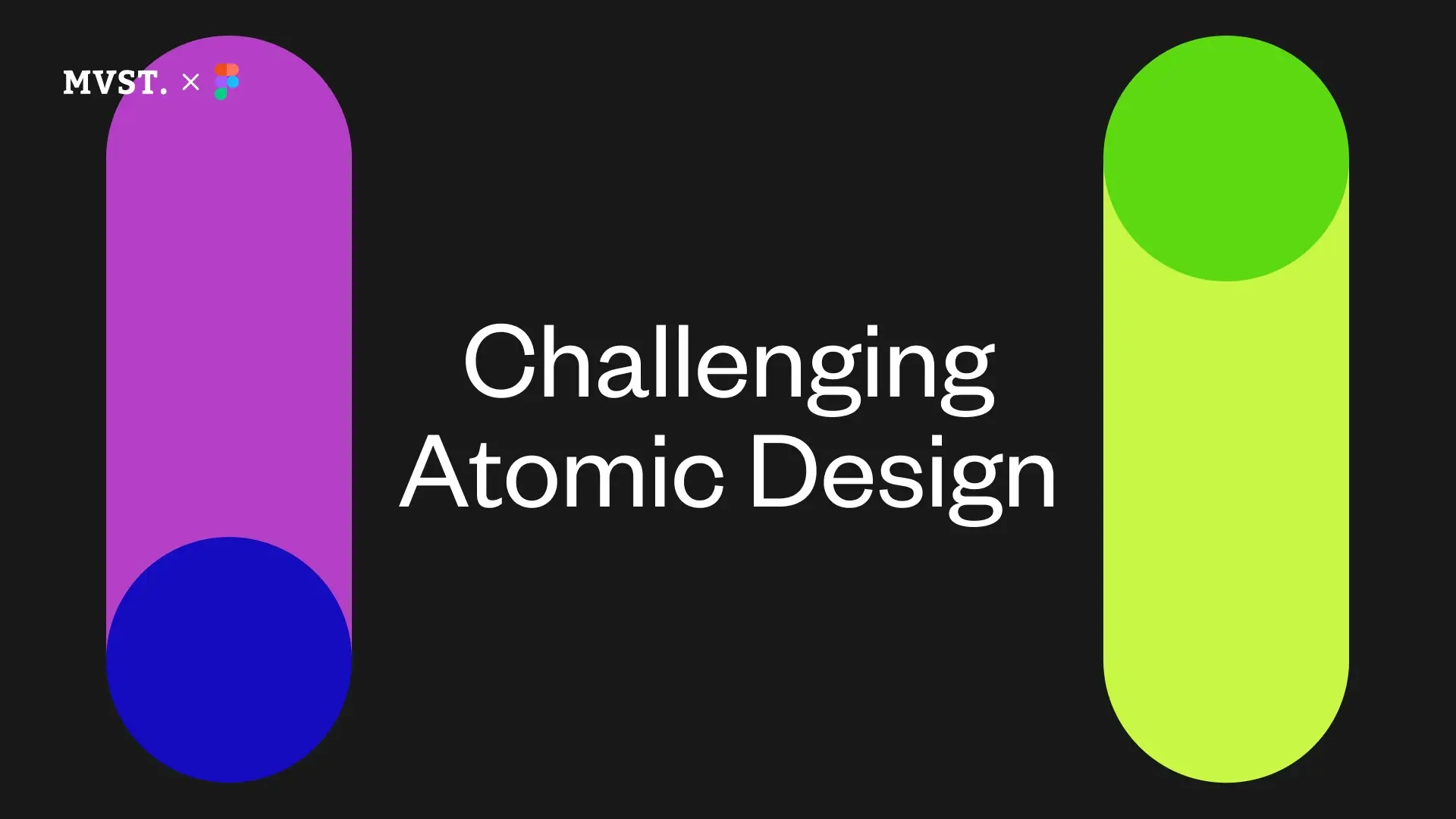 Schwarzer Hintergrund, weiße Schrift: "Challenging Atomic Design", violette und grüne Balken neben dem Text