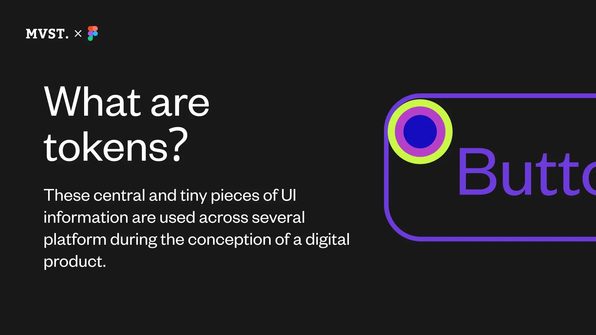 Schwarzer Hintergrund, weißer Text auf der linken Seite, violett-blauer und grüner Kreis auf der rechten Seite