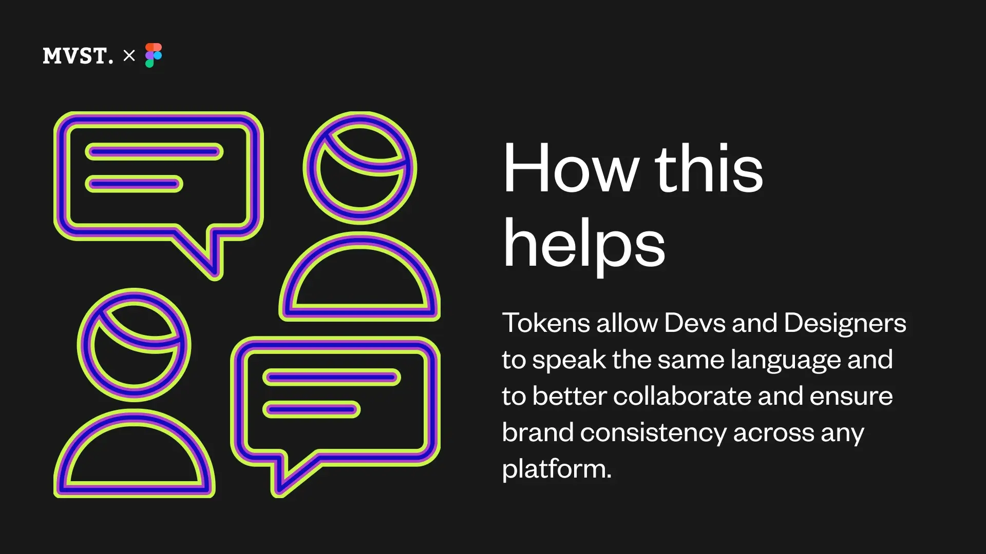 Schwarzer Hintergrund, weißer Text auf der rechten Seite, zwei Icons in Grün und Violett über zwei Personen, die sich unterhalten