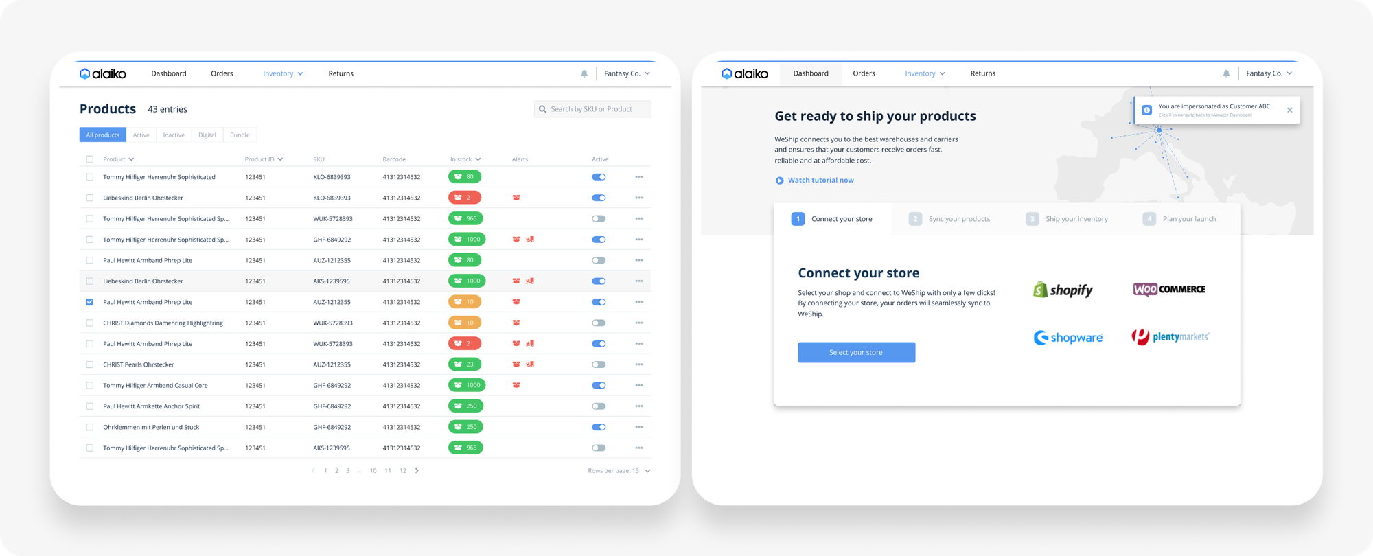 A couple of screens showing some features of the SaaS platform