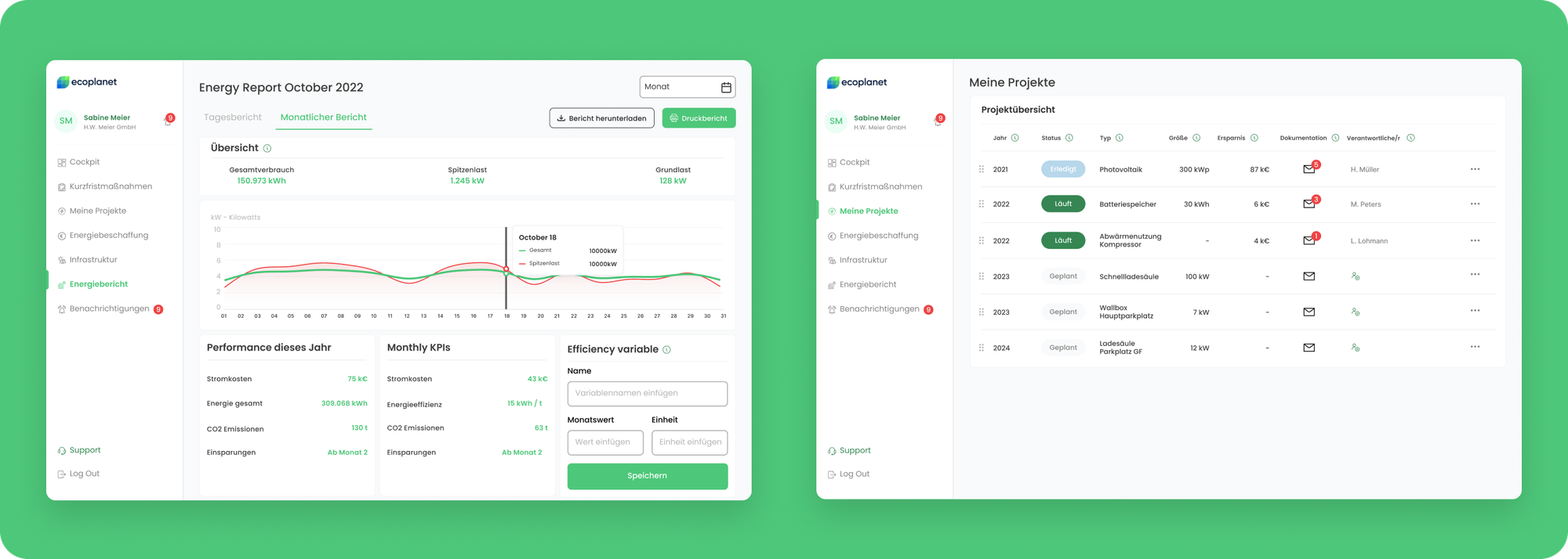 Zwei Web-App Bildschirmaufnahmen von MVSTs Lösung mit ecoplanet.