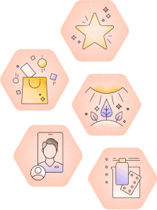 Fünf achteckige Symbole mit Zeichen für Pharmazie und Pflege stellvertretend für Redcare Pharmacy