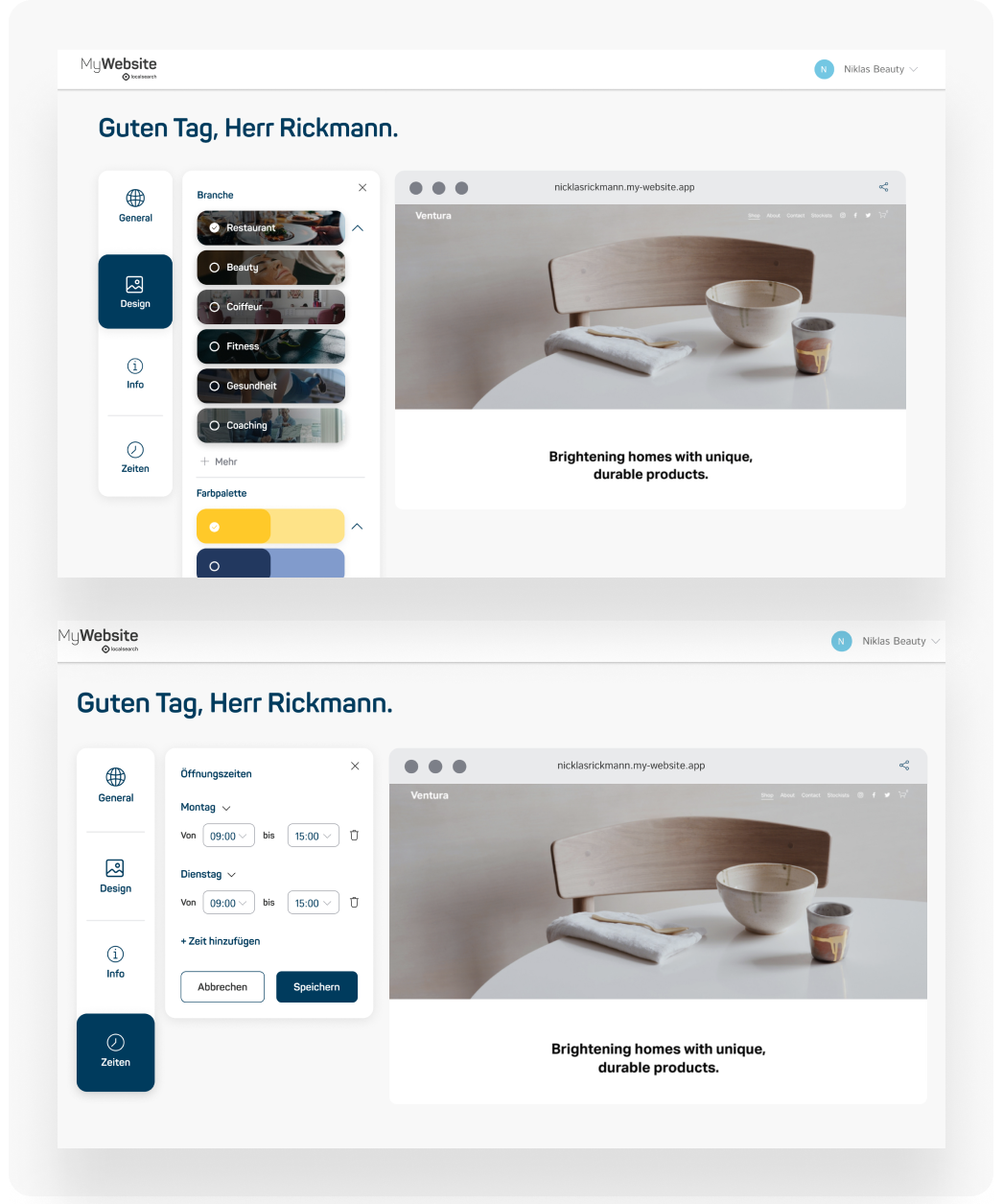Bildschirmaufnahmen von MyWebsite Funktionen