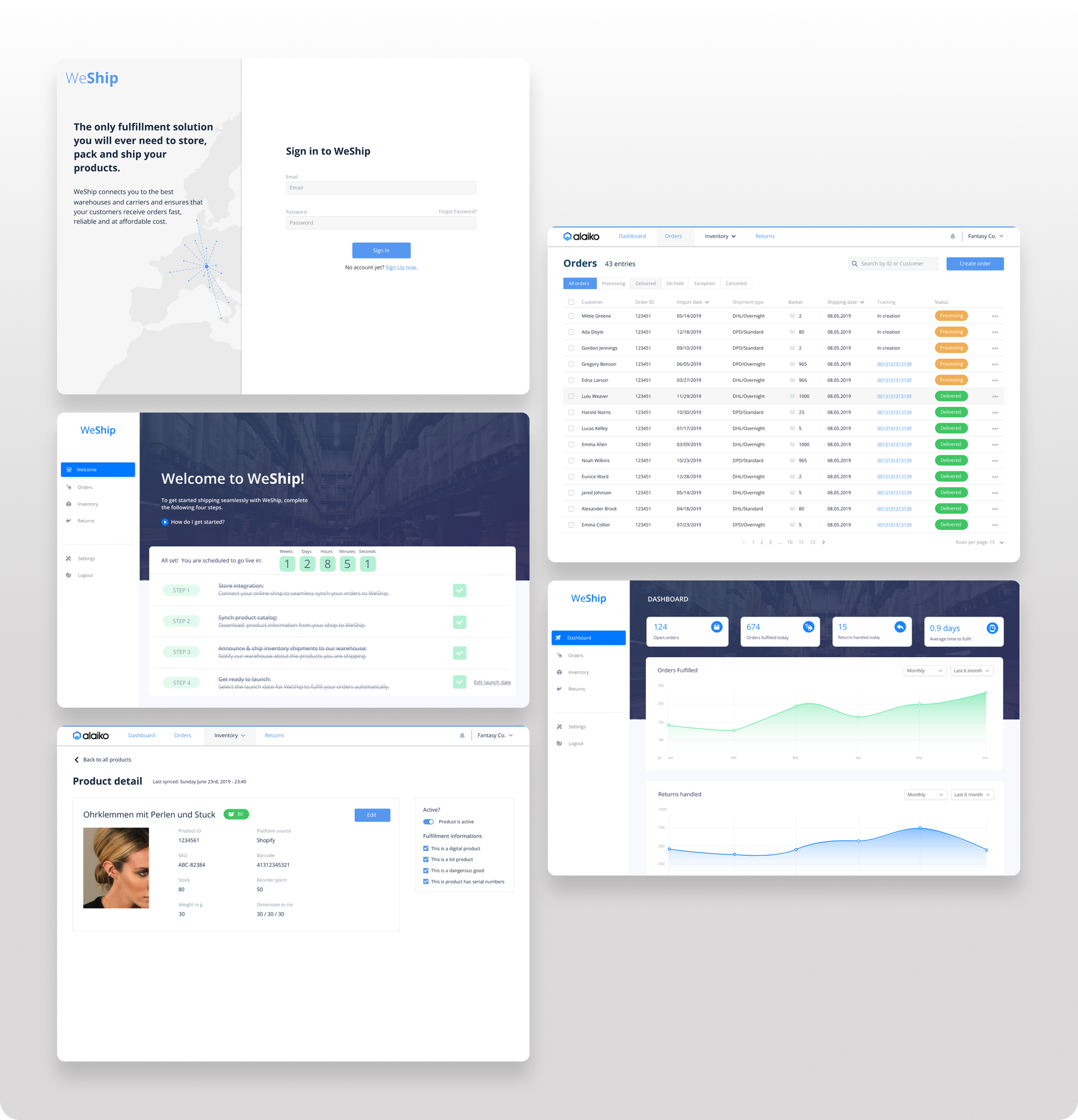 Screens showing some features of the SaaS platform