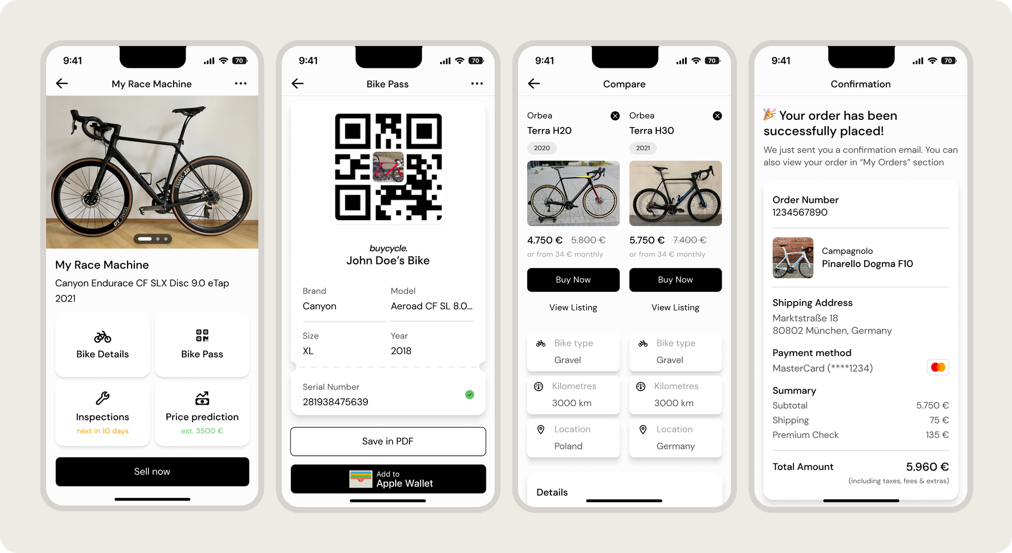 Mobile App Bildschirme der buycycle App, die mit MVST entwickelt wurde.