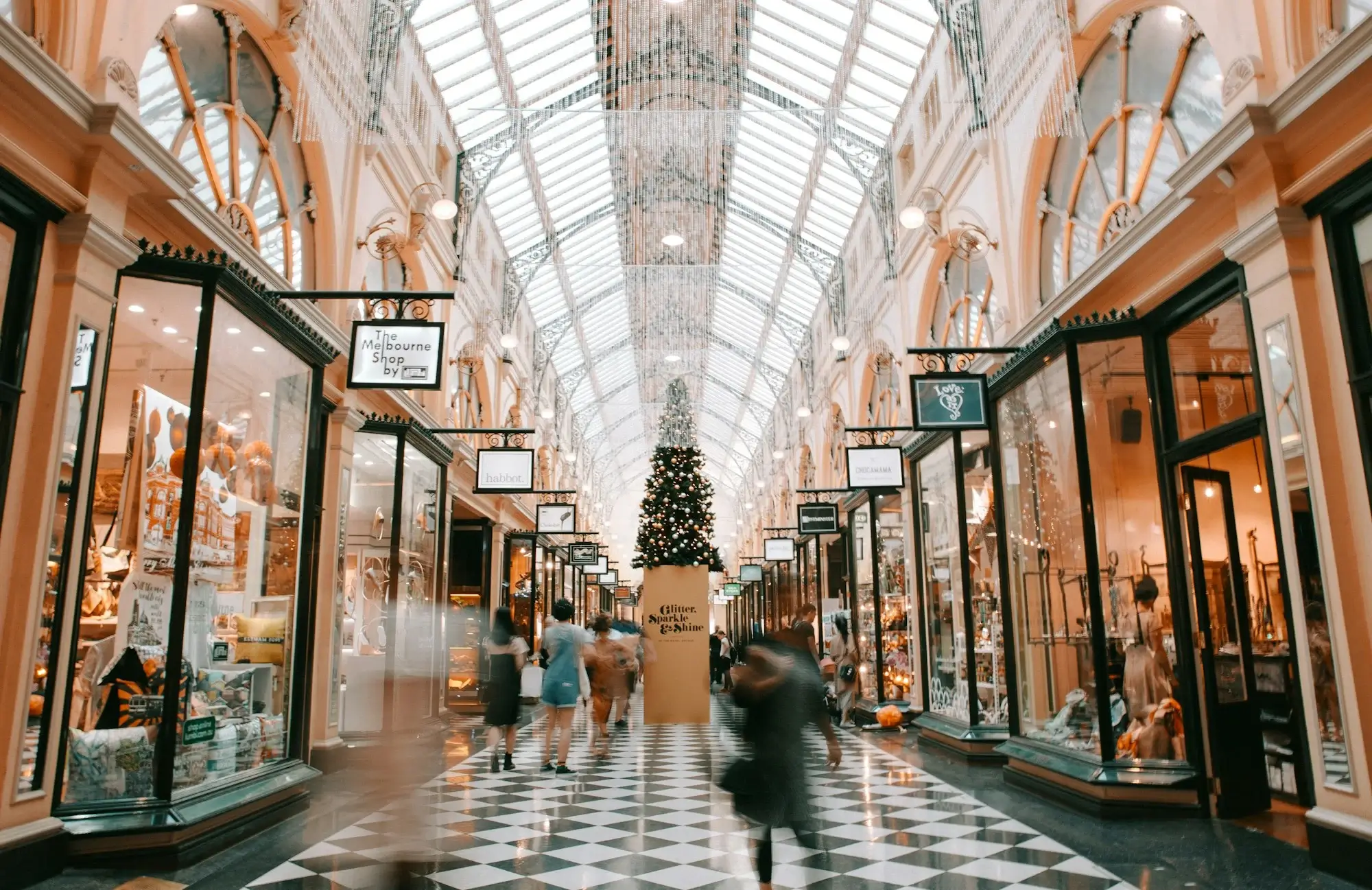 Shopping mall with christmas three in the hallway