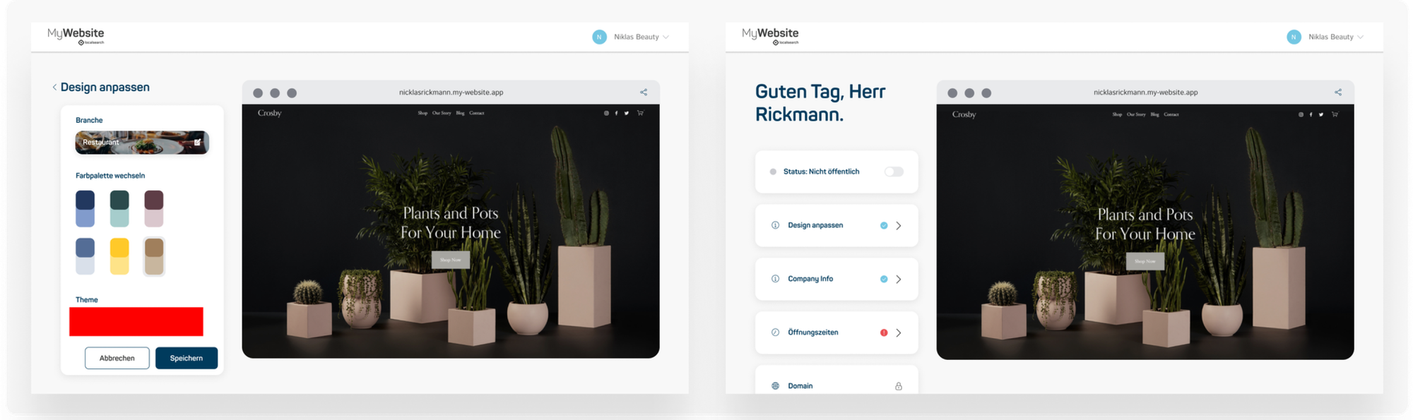 Screens zeigen die unterschiedlichen Optionen, die User mit MyWebsite haben