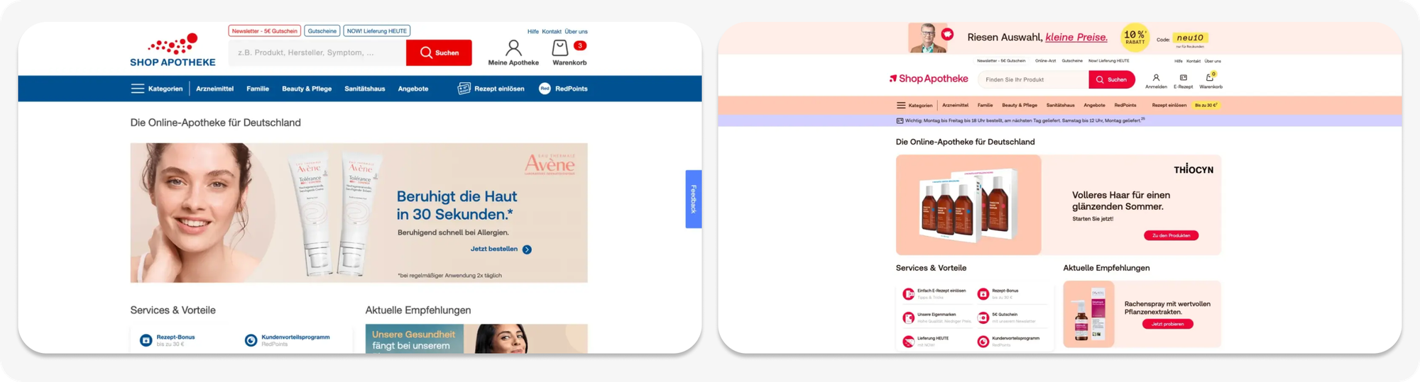 Bildschirmaufnahmen vom Rebranding mit der Veränderung vom alten (links) zum neuen Look & Feel (rechts).