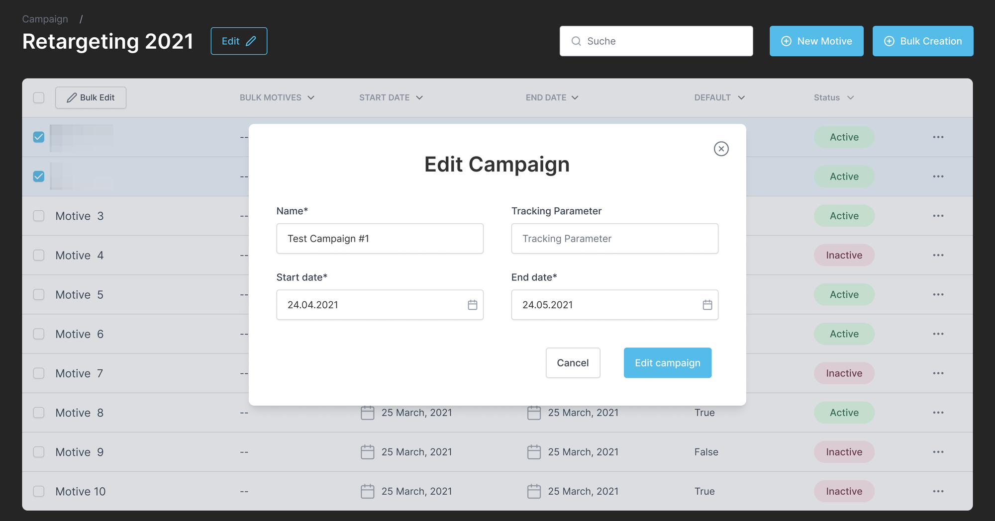 Bildschirm zur Bearbeitung von Kampagnen (Name, Tracking-Parameter, Start- und Enddatum)