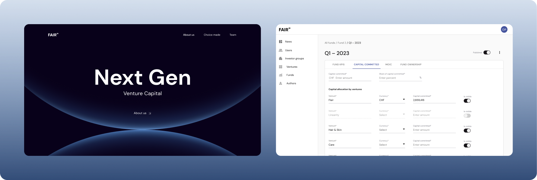 2 Bildschirmaufnahmen, eine zeigt die Hero Section der Website, die andere die Backoffice-Anwendung