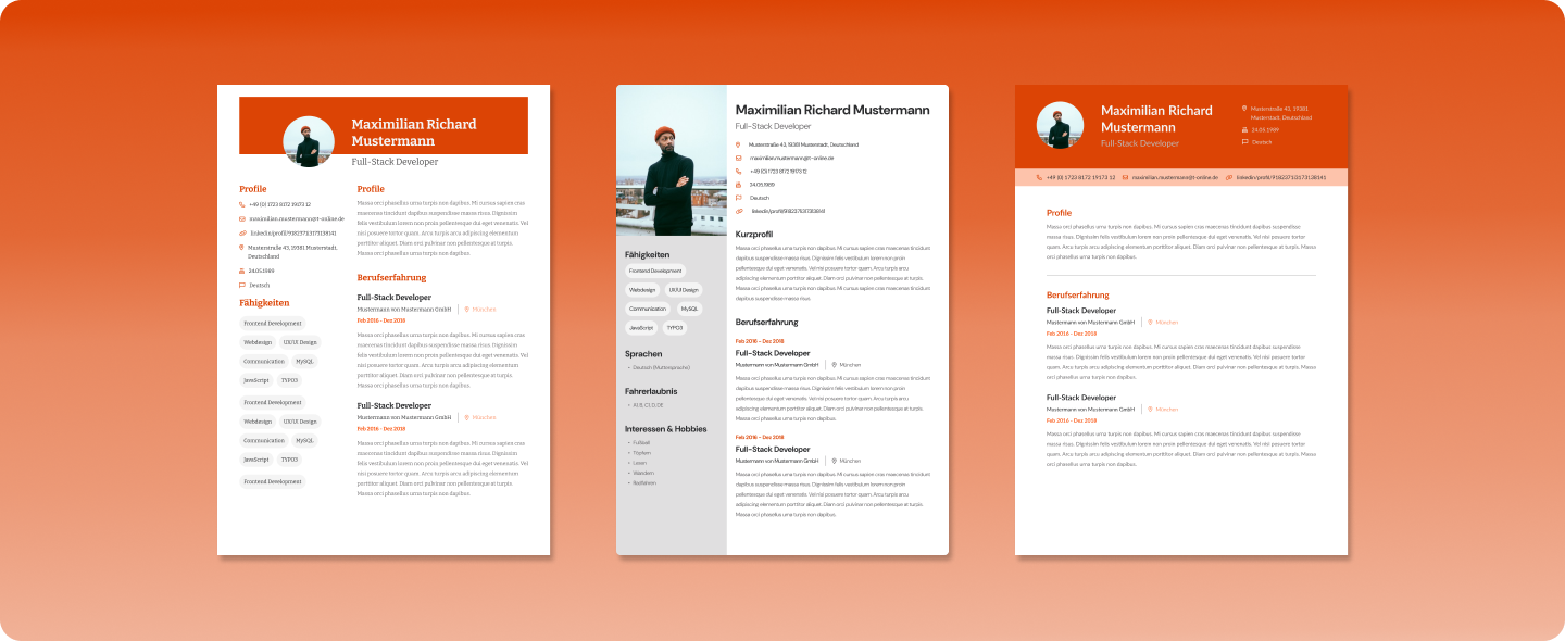 Screens of the different CVs that were generated