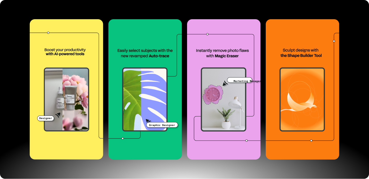 Onboarding screens featuring various functionalities for different roles, like Designers, Graphic Designers, Marketers
