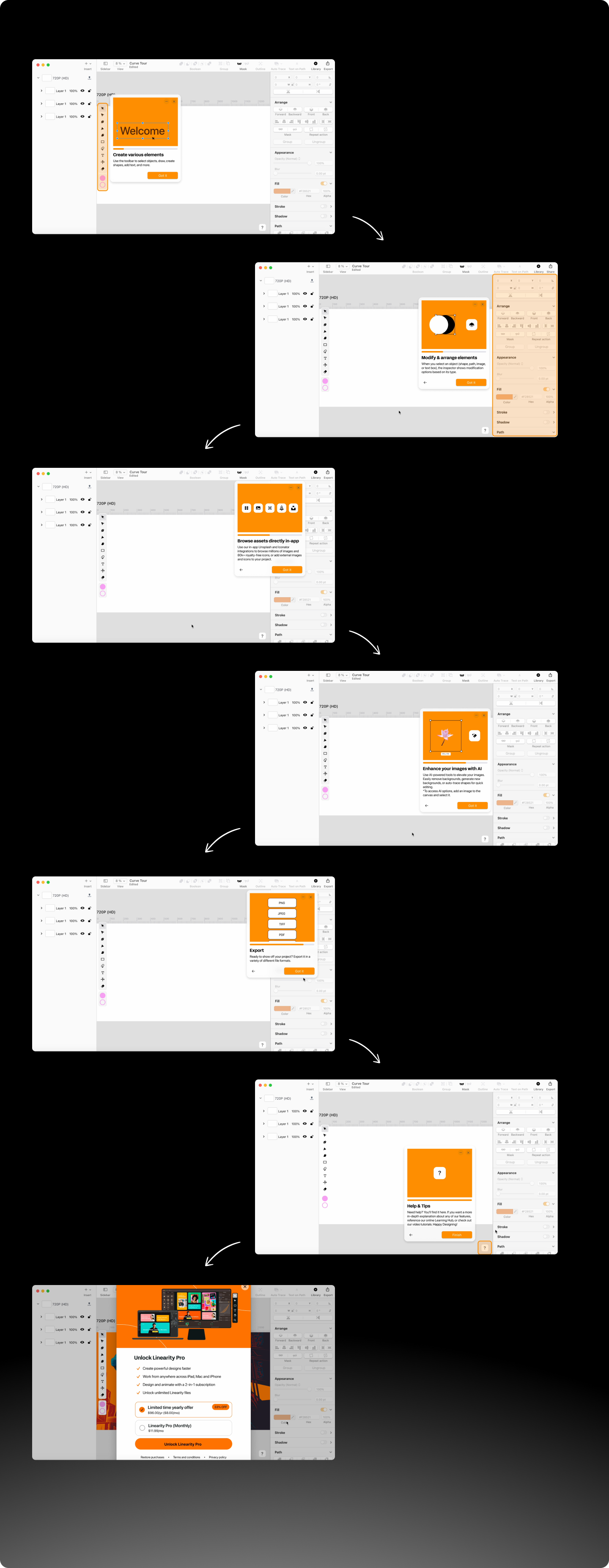Screens showing the walkthrough in the app