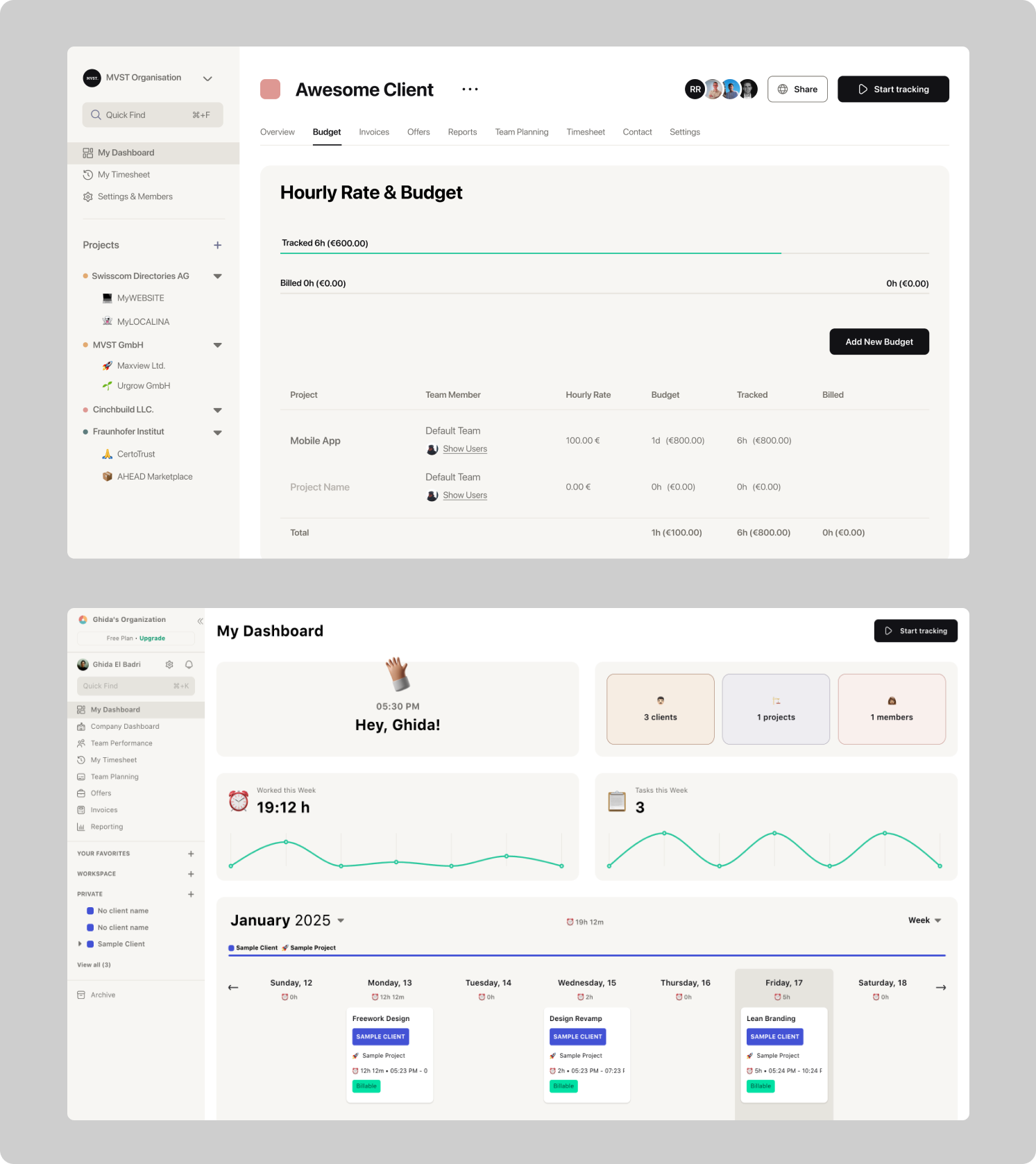 2 Bildschirmaufnahmen aus Freework – Dashboard und Budgetübersicht