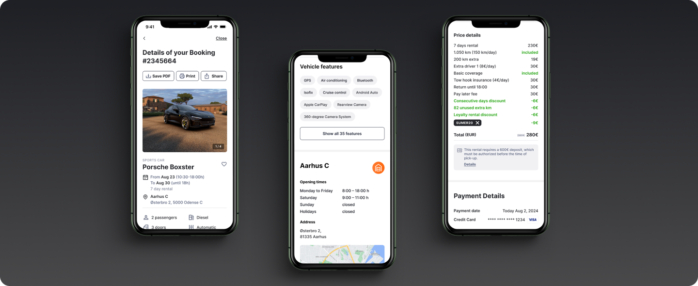 Screens from Oscar's car rental mobile app