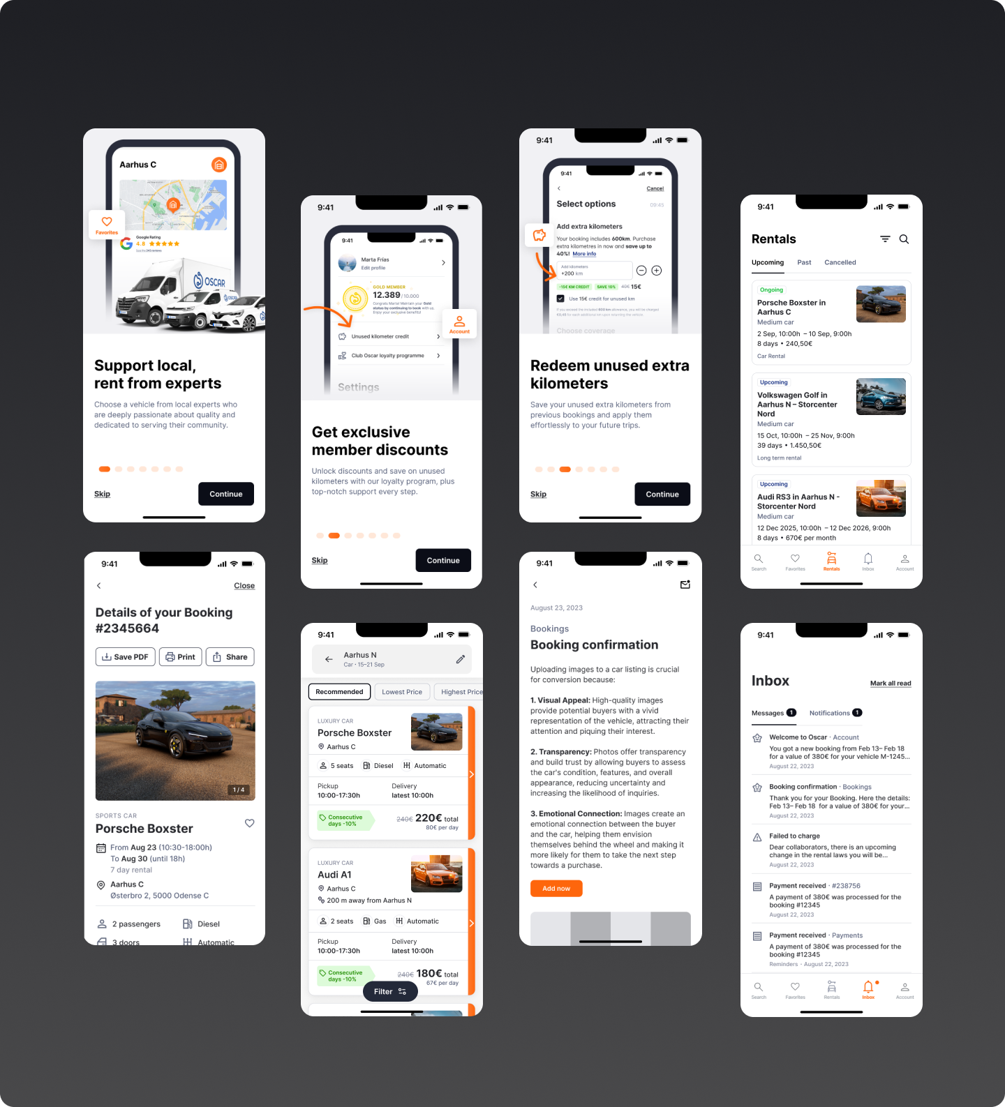 Screens of car rental mobile app showing the different tab
