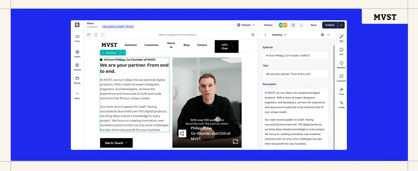Screen from MVST's website in Storyblok, Headless Content Management System