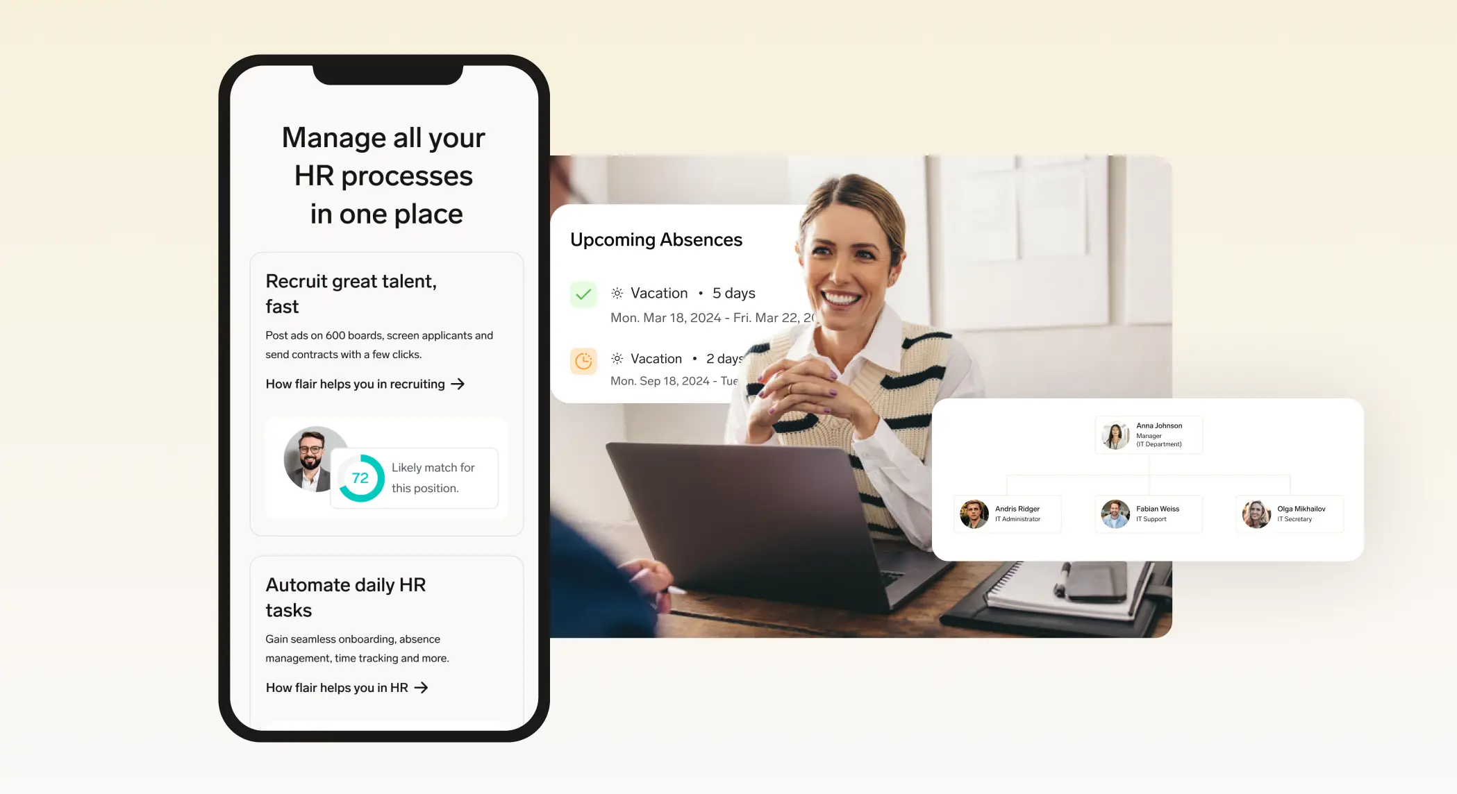 Screen of the website and a HR smiling with laptop in front of her