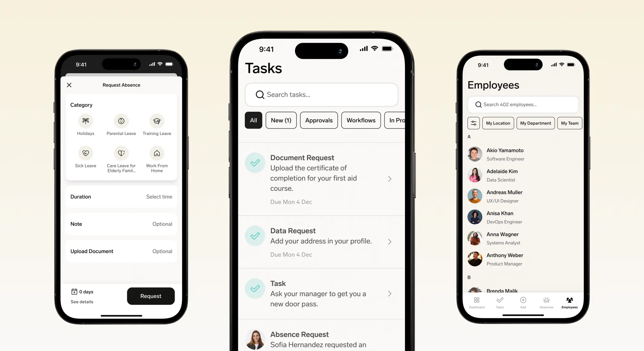 Drei Screens der Flair HR Mobile App