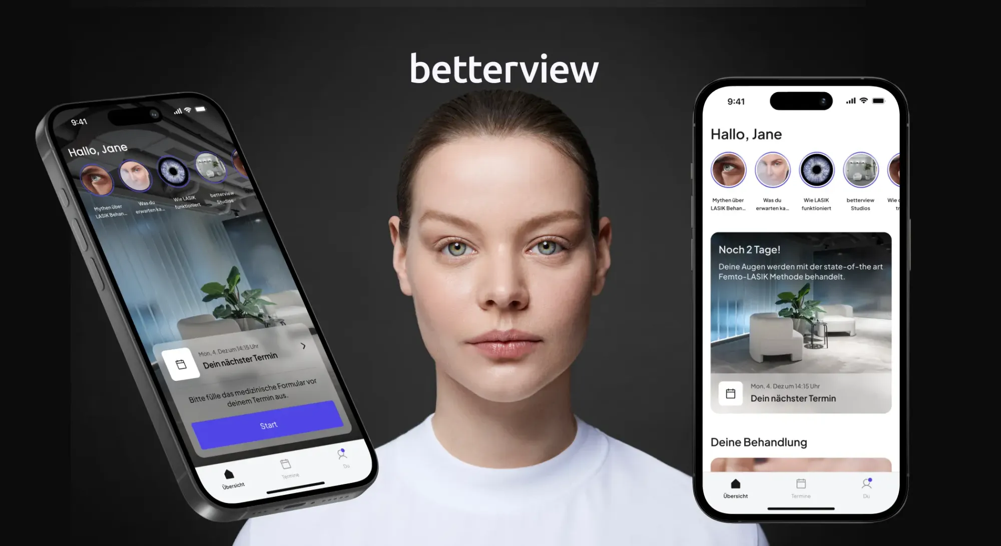 screens of the betterview mobile app and woman in the middle looking straight into the camera lens