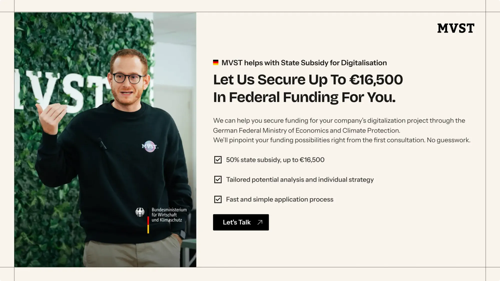 Let us secure up to €16.500 in Federal Funding For You. Let's talk