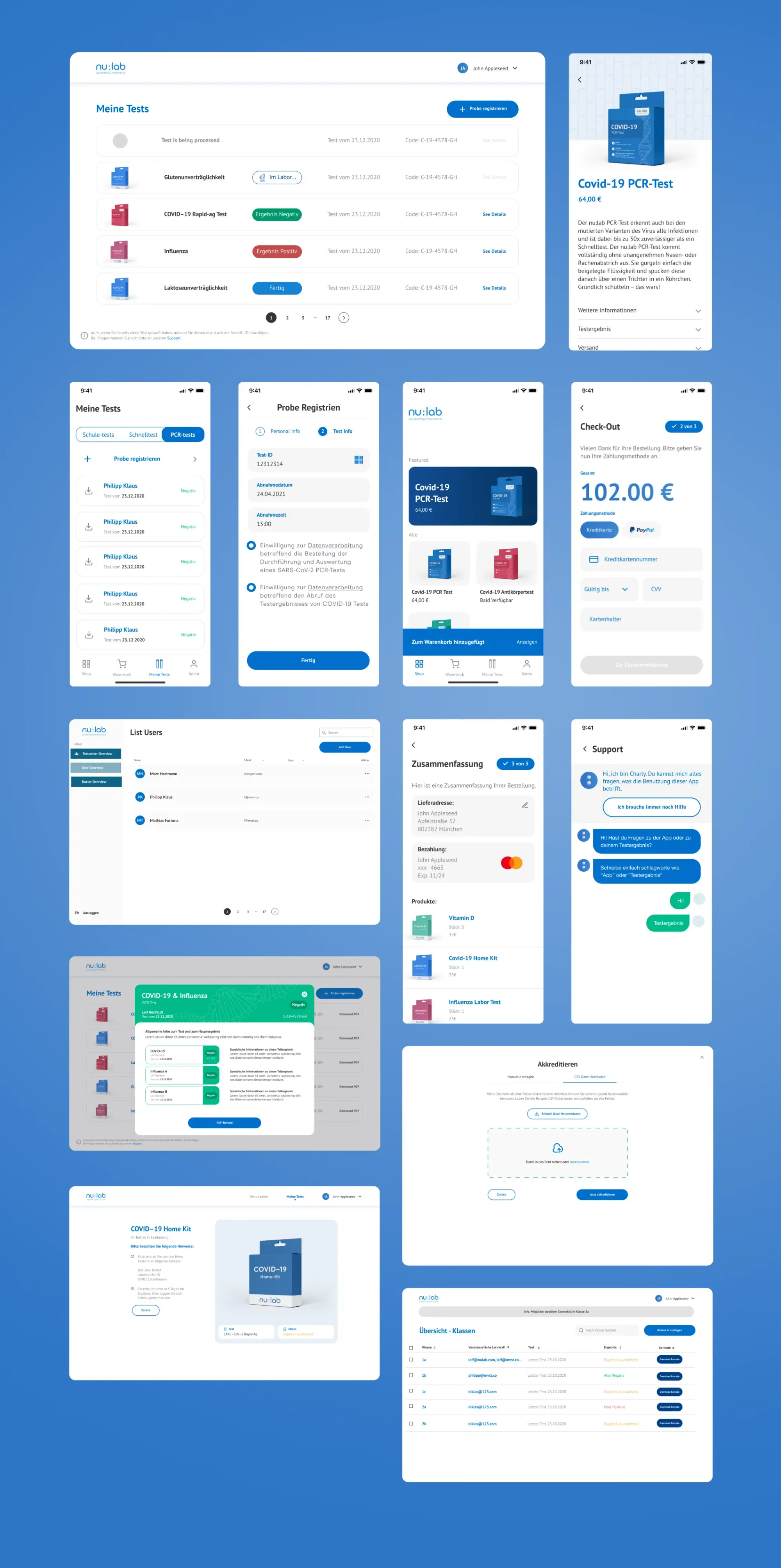 nu:lab Endergebnis der Bildschirme von Mobil- und Web-App