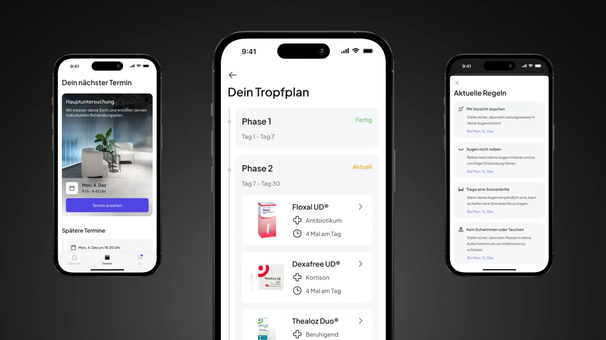 Screens showing the different phases of the treatment in betterview mobile app
