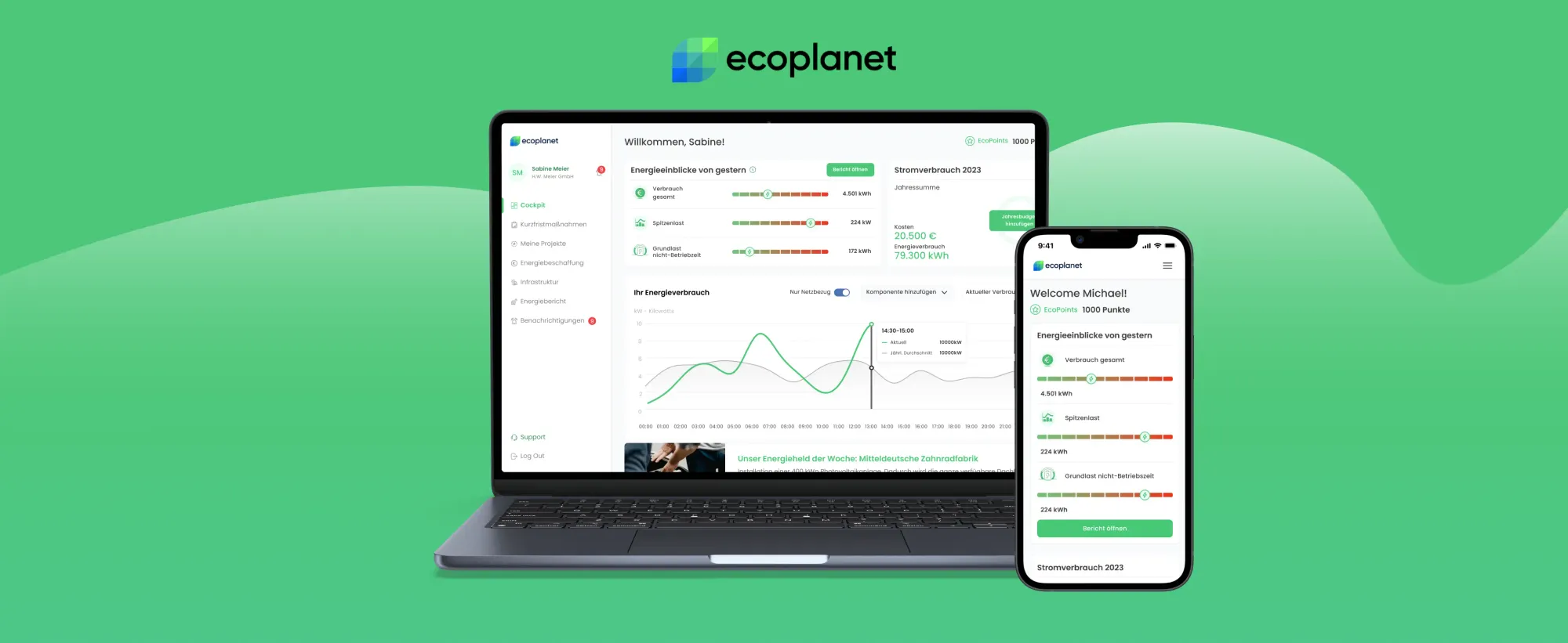 Desktop und Smartphone Bildschirmaufnahmen der ecoplanet Web-App