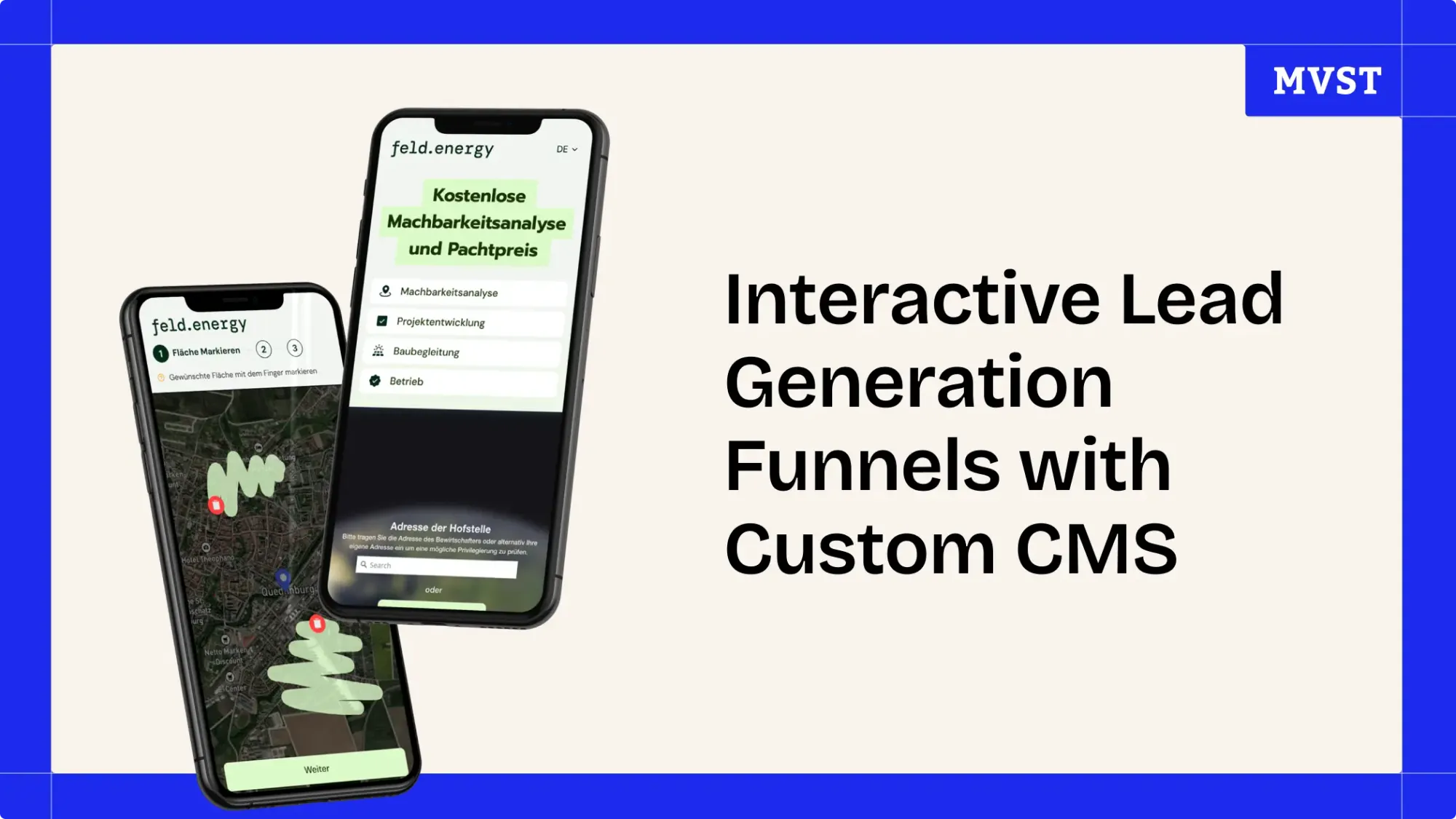 Interactive Lead Generation Funnels with Custom CMS - showing screens from feld energy app