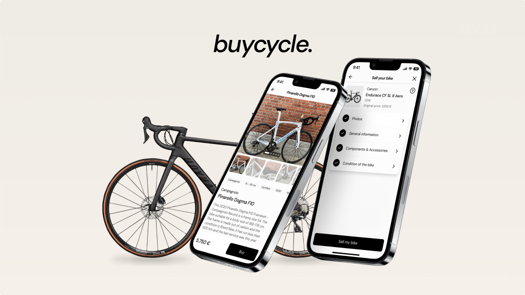 Mobiler Marktplatz von buycycle auf zwei Smartphone Bildschirmen