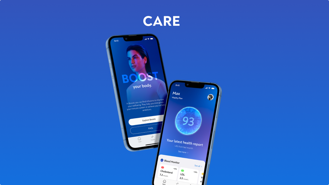 Einblicke in die mobile App von CARE auf zwei Smartphone Displays