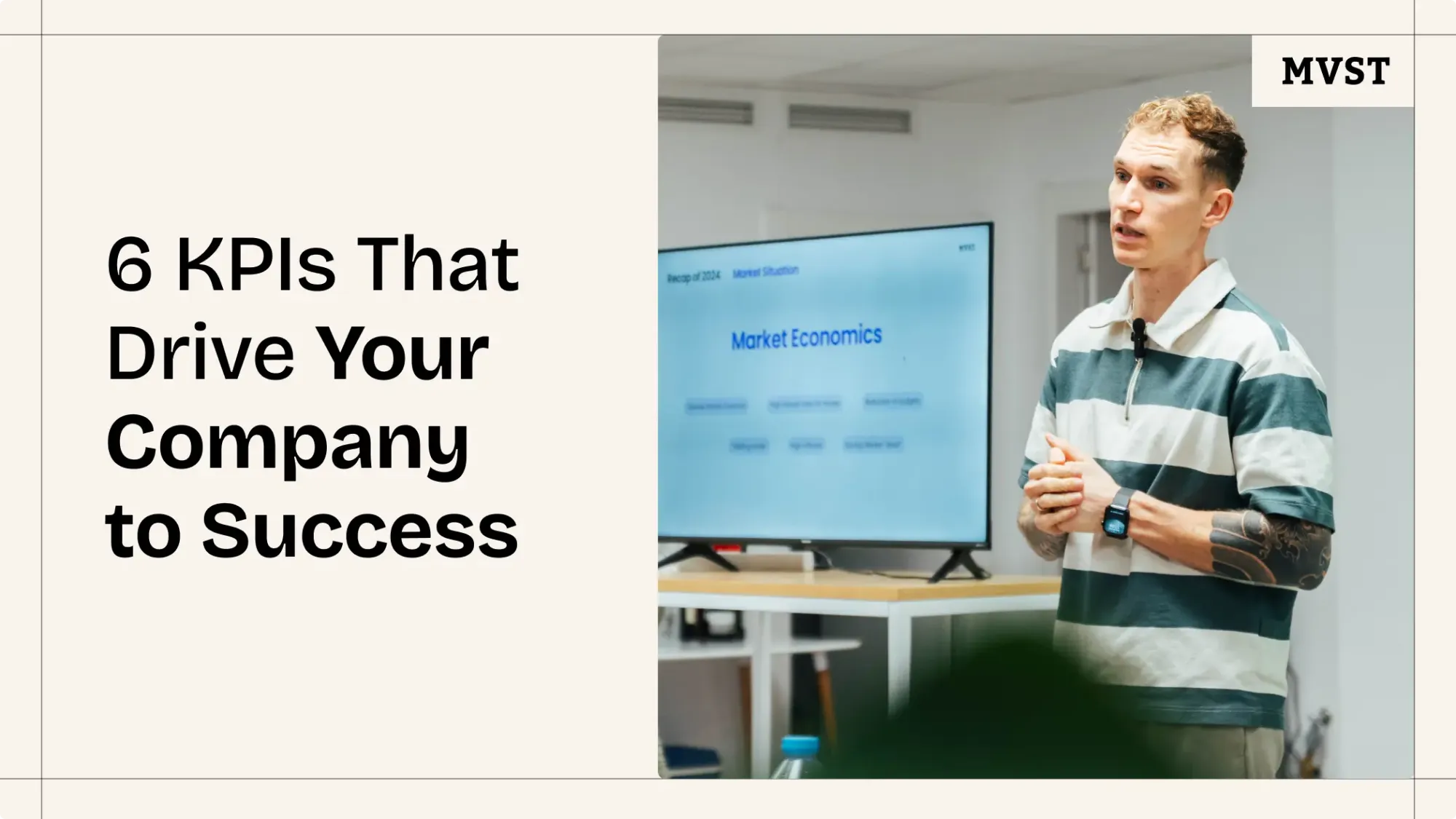 6 KPIs That Drive Your Company to Success - Image of Philipp Klaus, co-founder of MVST presenting with TV screen on his left