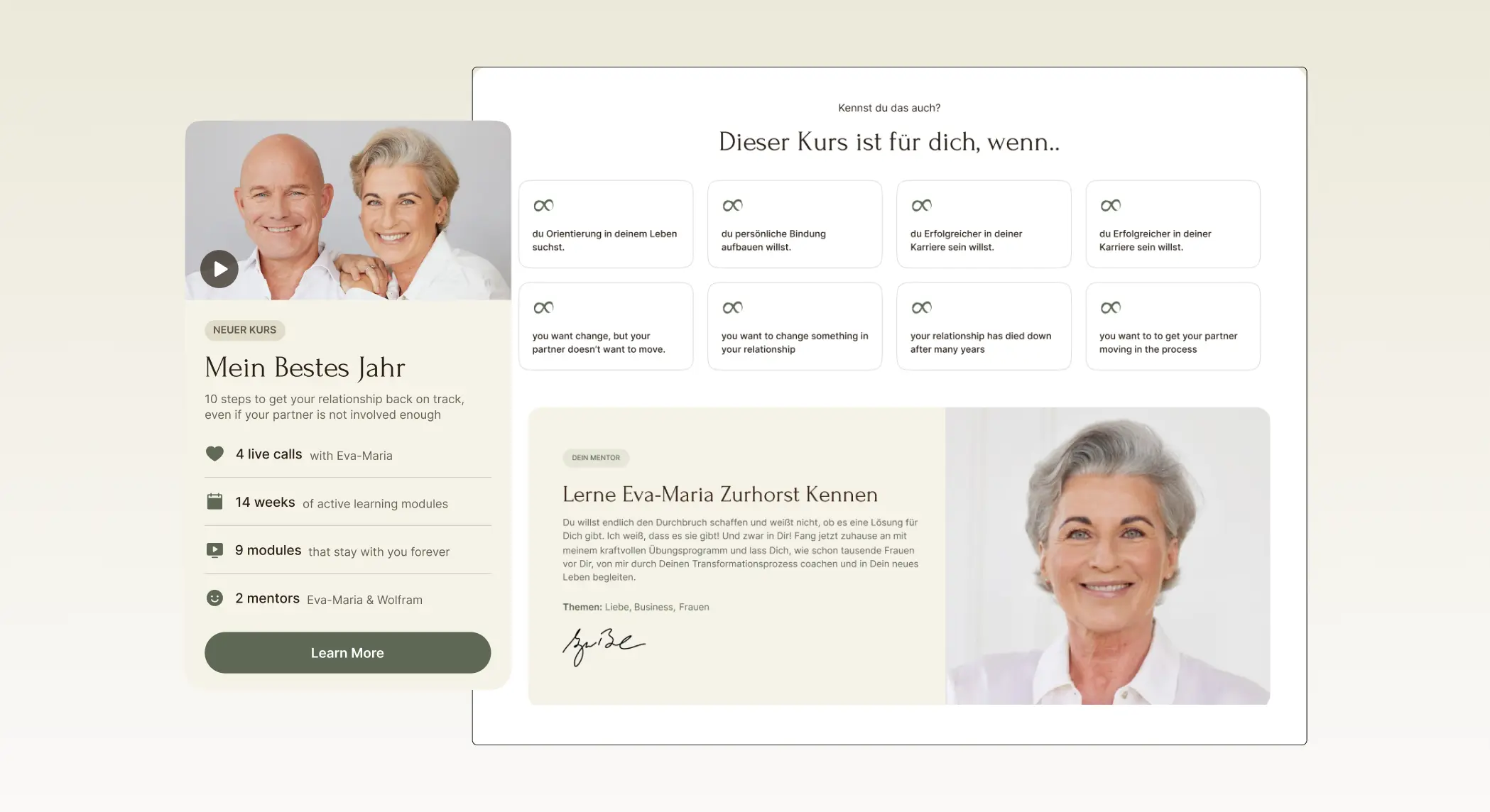 Screens about relationship course information and instructor introduction