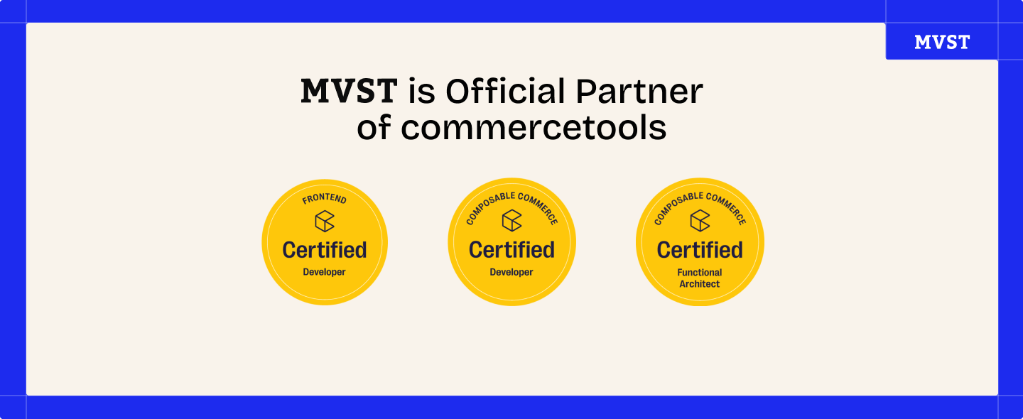 MVST is Official Partner of Commercetools showing 3 badges - Frontend Certified Developer, Composable Commerce Certified Developer, Composable Commerce Certified Functional Architect