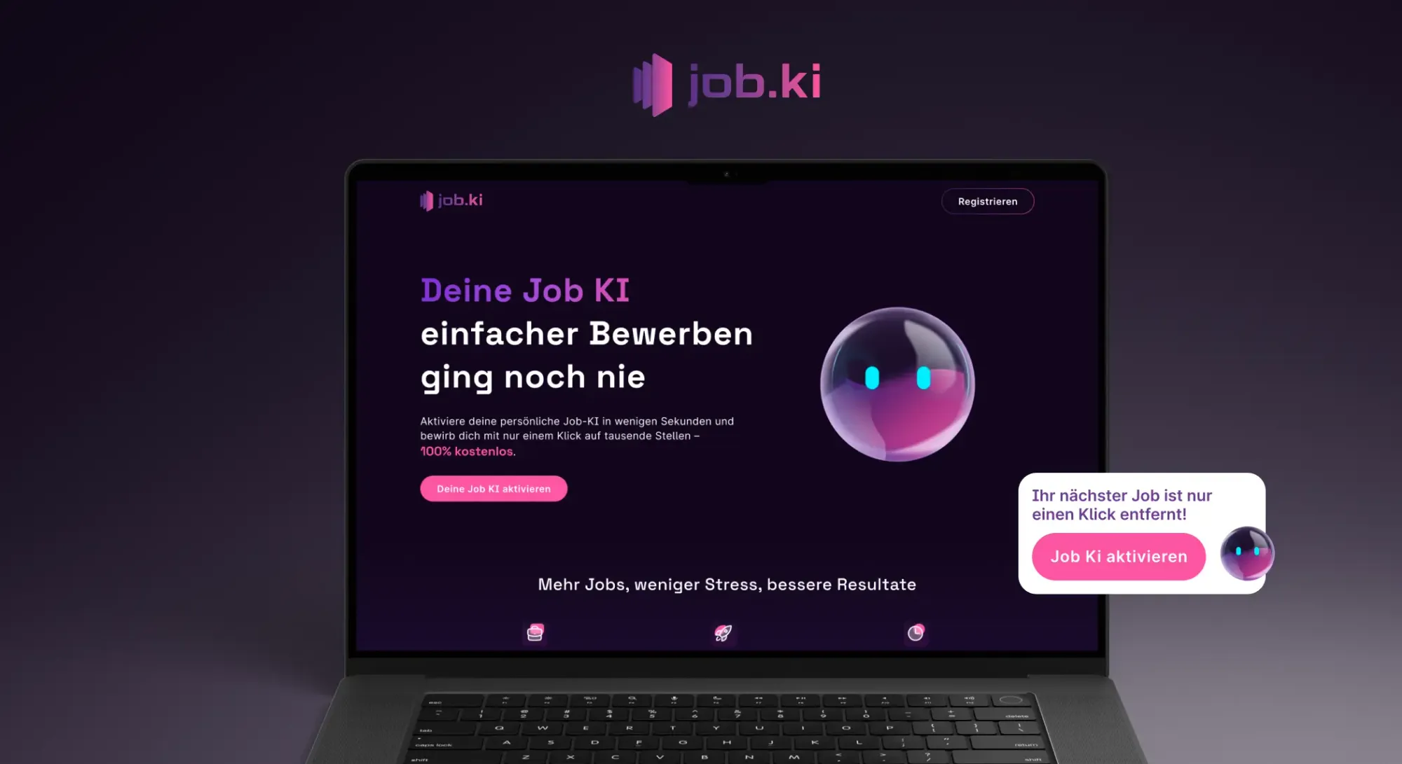 laptop screen showing the job.ki website and the bot from job.ki starting a conversation