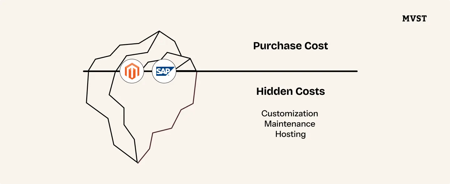 Tip of Iceberg show Purchase Cost & Bottom is with Hidden Costs for Customization/Maintenance/Hosting