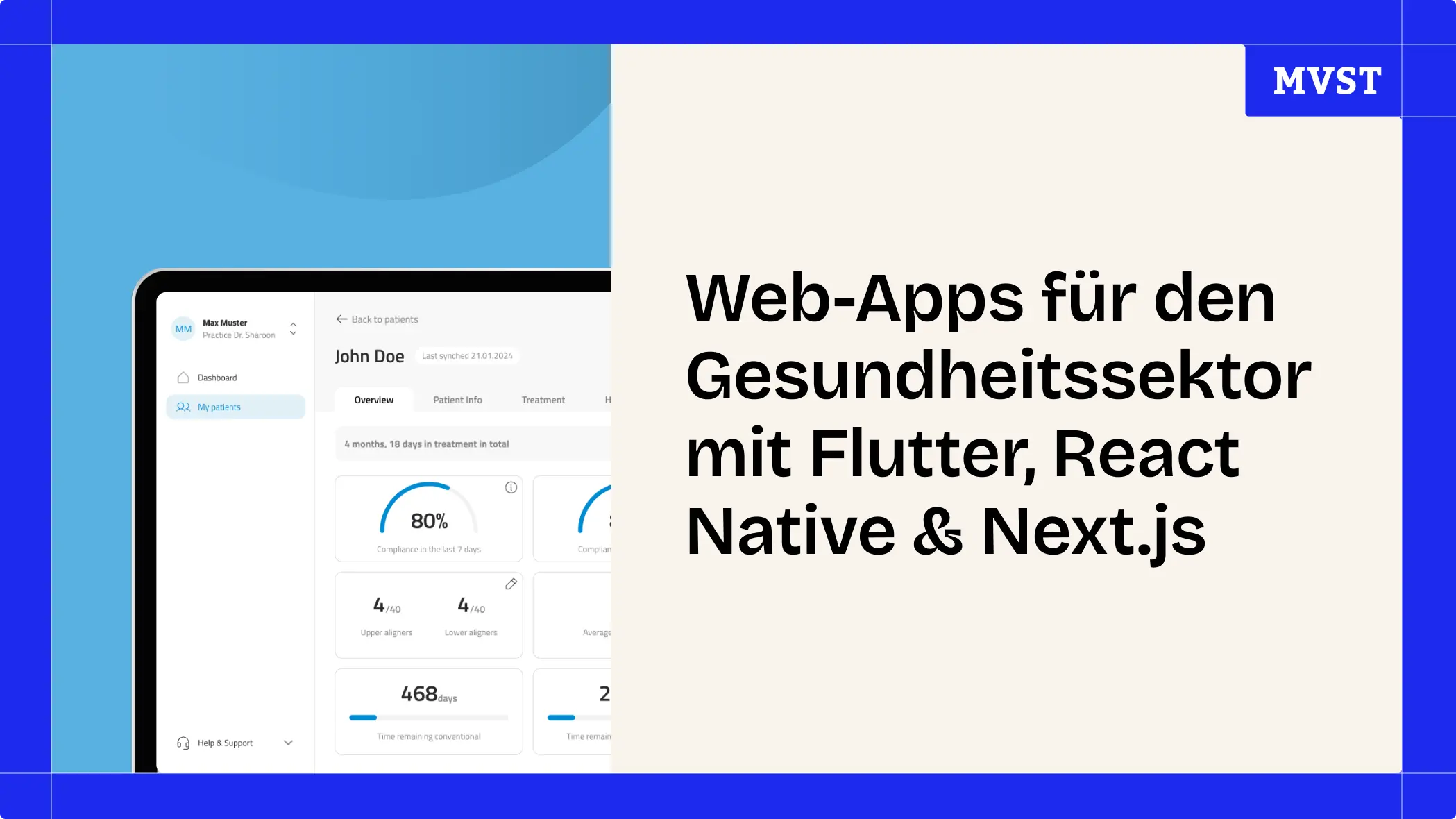 Header für Web-Apps für den Gesundheitssektor mit Flutter, React Native & Next.js, mit der Web-App von OrthoPulse im Hintergrund