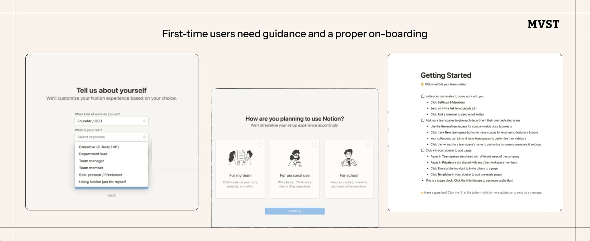 First-time users need guidance and a proper on-boarding - screens onboarding new users to the app