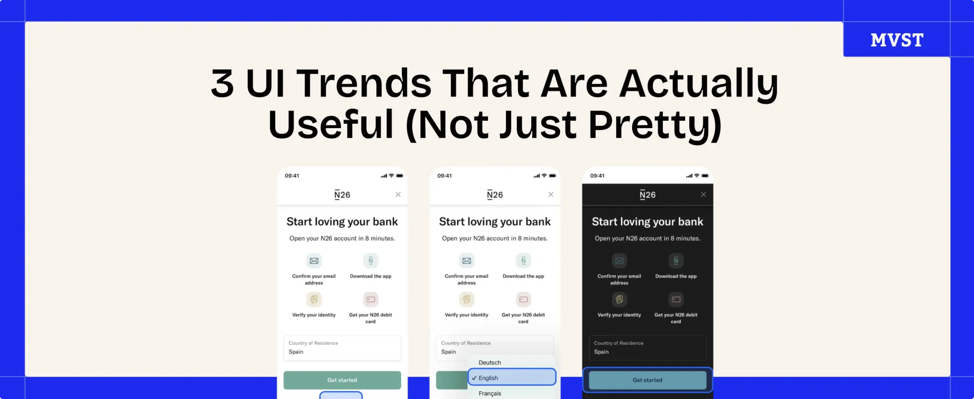 3 UI Trends That Are Actually Useful (Not Just Pretty) - 3 mobile app screens from N26, of the onboarding flow