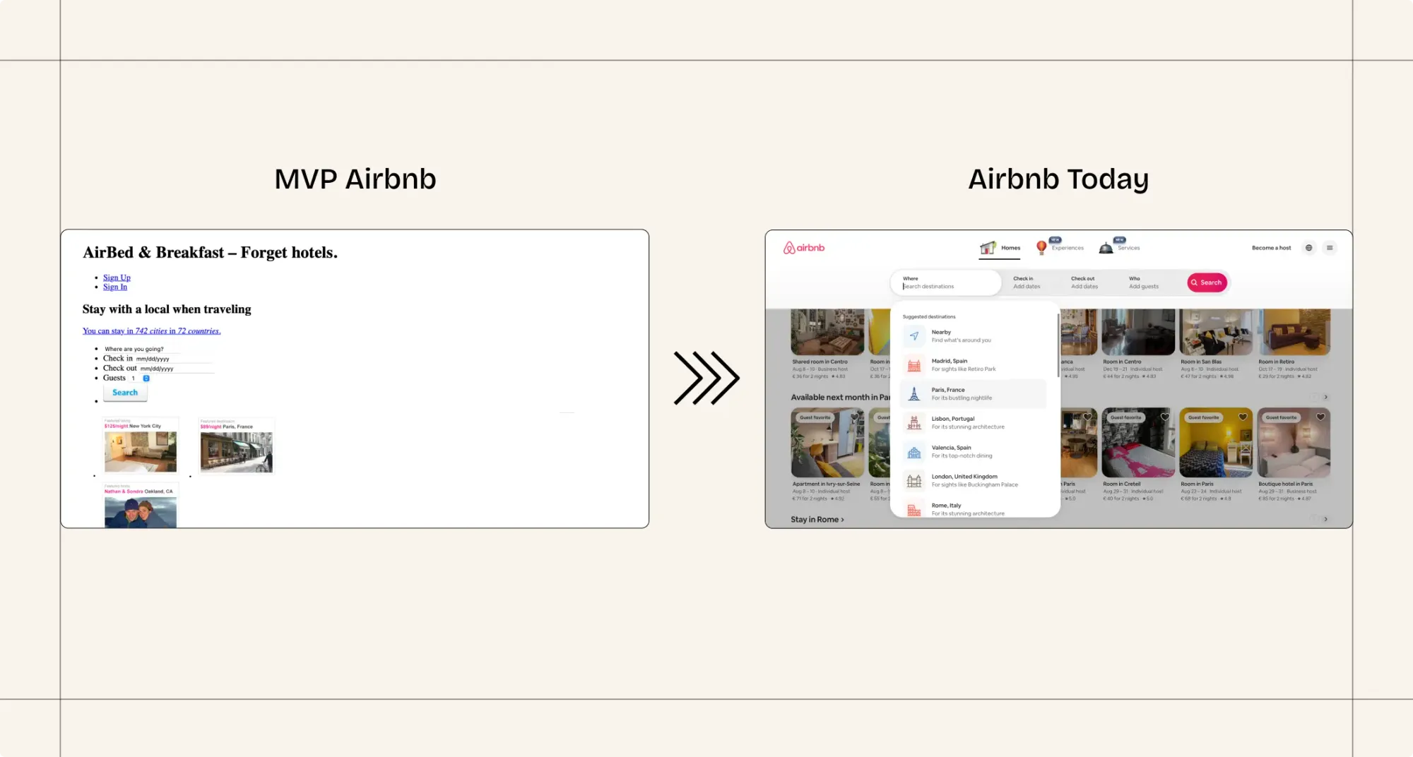 On the left side, MVP Airbnb screen, on the right side, Airbnb today screen