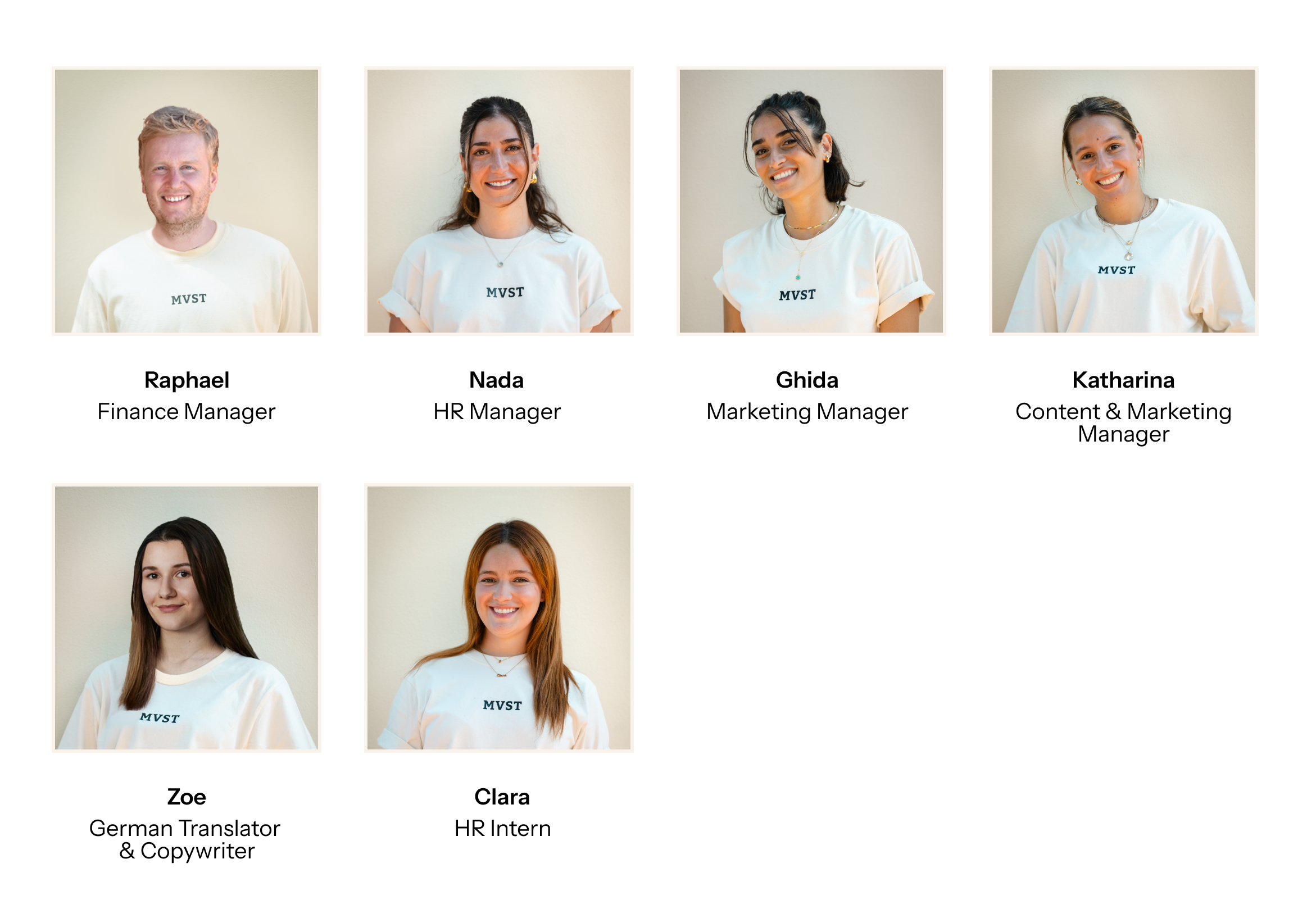 Photos, Names, and Roles of the Finance, HR, and Marketing Team at MVST