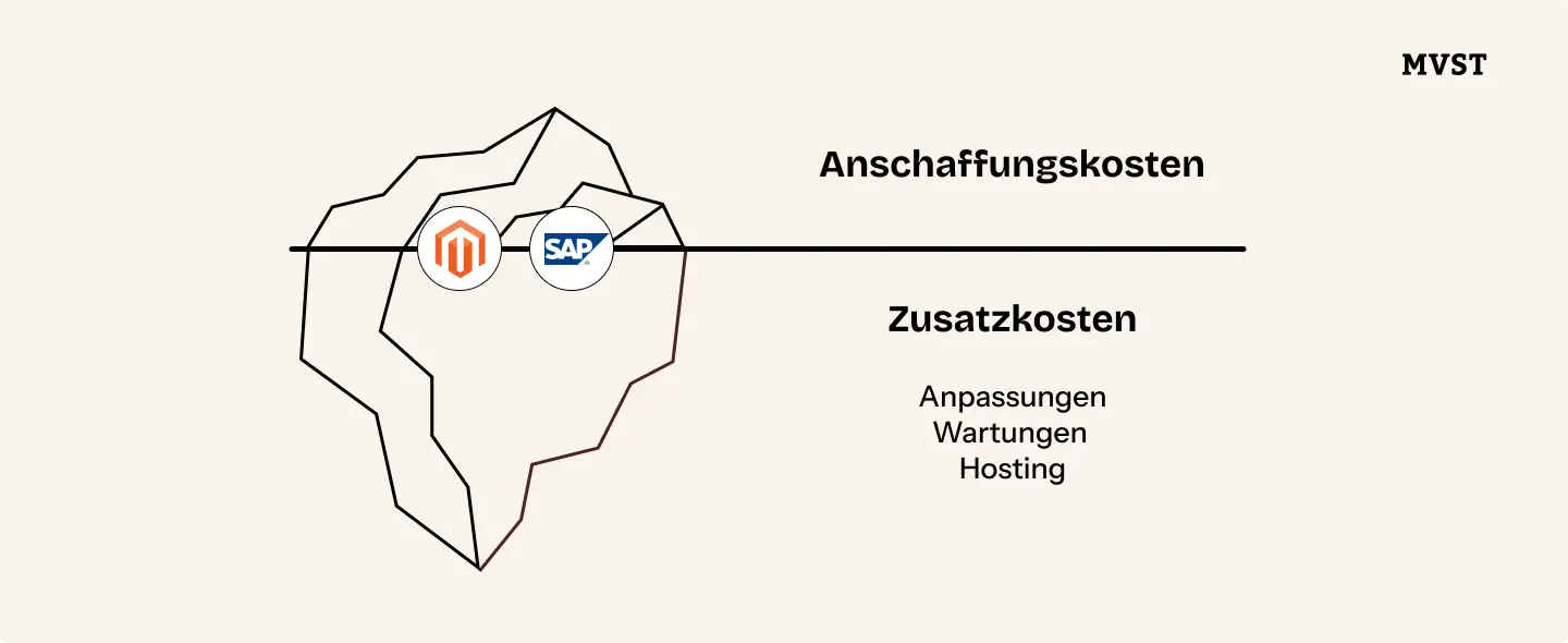 Die Spitze des Eisbergs zeigt die Anschaffungskosten und der Boden ist mit versteckten Kosten für Anpassung/Wartung/Hosting