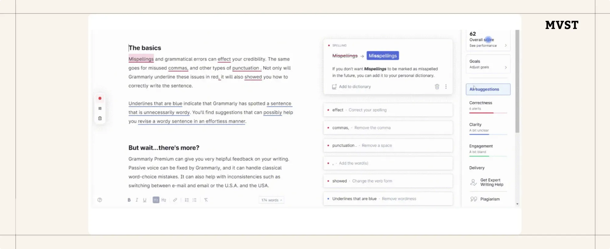 Grammarly interface showing and highlighting the errors and categorizing them by color