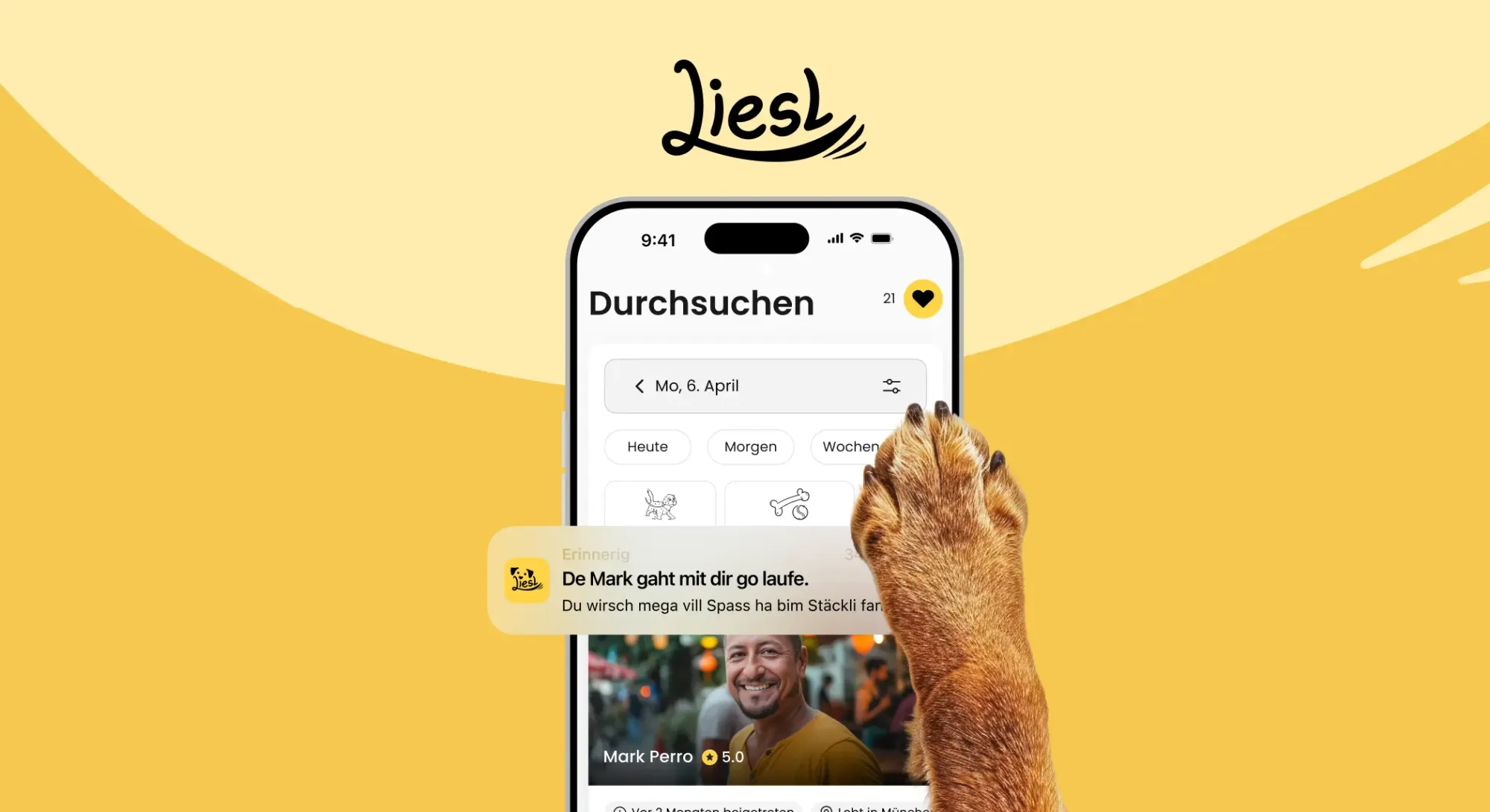 Screen der Liesl App auf dem Smartphone mit einer Hundepfote darauf